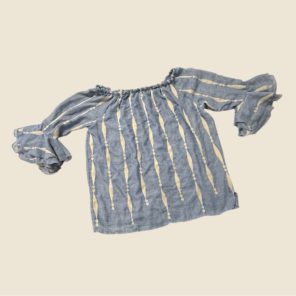 Chambray Embroidered Blue Ruffled Sleeve Medium Blouse Boho Style by Kaktus